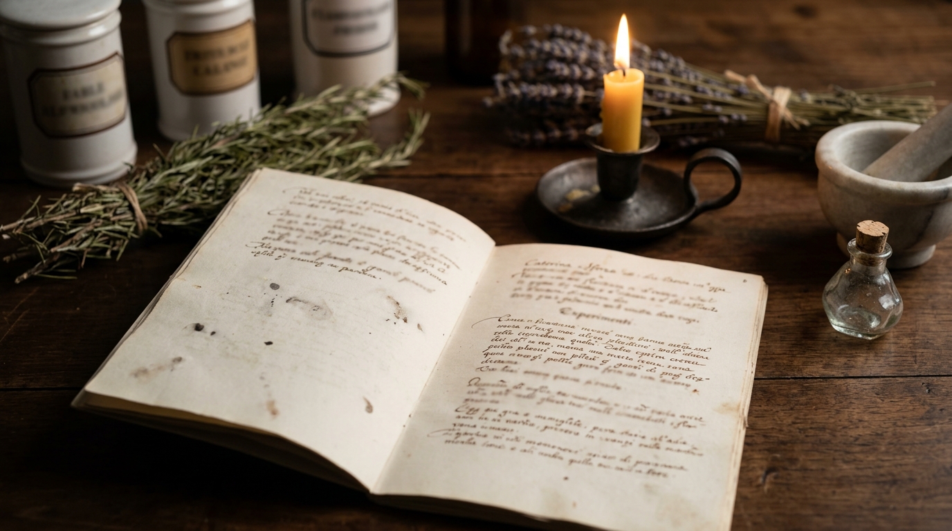 Livre manuscrit ouvert sur une table, entouré de plantes, de fioles, d’un mortier et d’une bougie