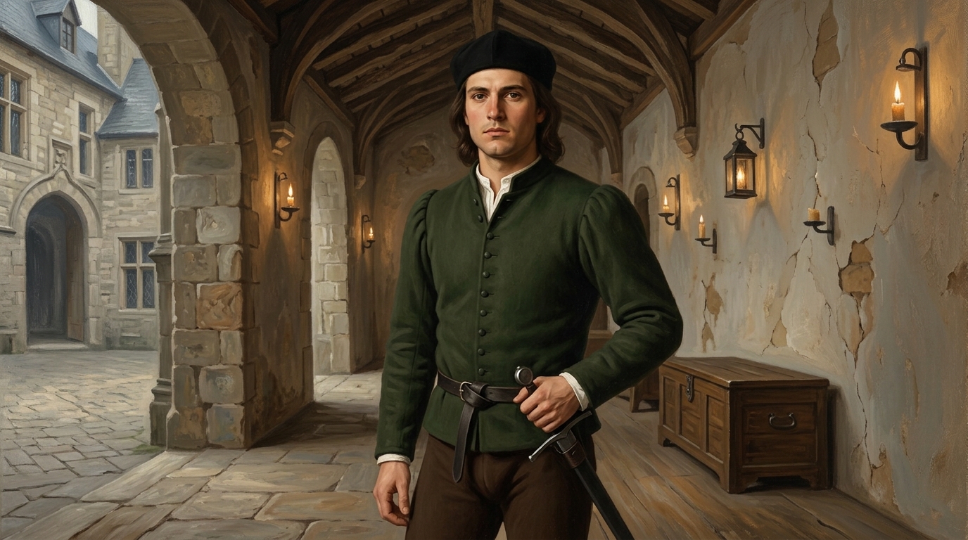 Évocation visuelle de Giacomo Feo, jeune homme en habit vert dans une galerie de pierre