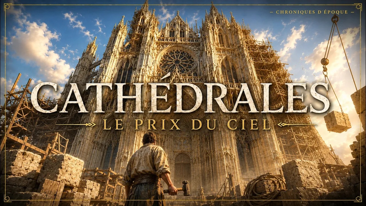 Évocation de la cathédrale de Beauvais en chantier, avec le titre « Cathédrales, le prix du ciel »