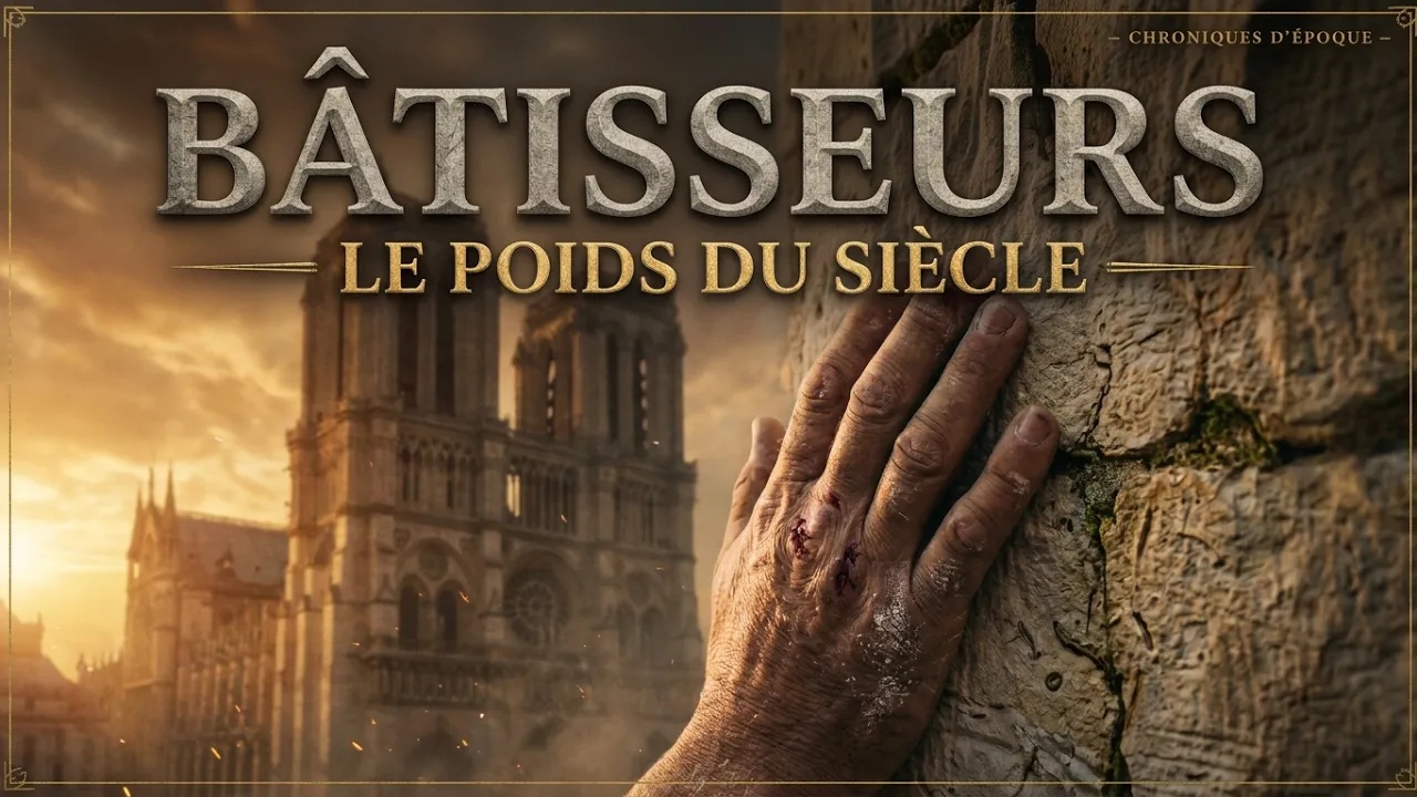 Évocation du chantier d'une cathédrale gothique, avec le titre « Bâtisseurs, le poids du siècle »