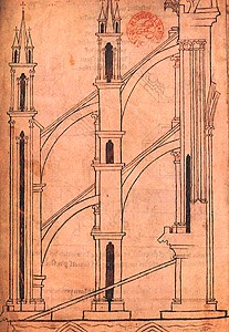 Dessin du carnet de Villard de Honnecourt montrant les arcs-boutants de la cathedrale de Reims