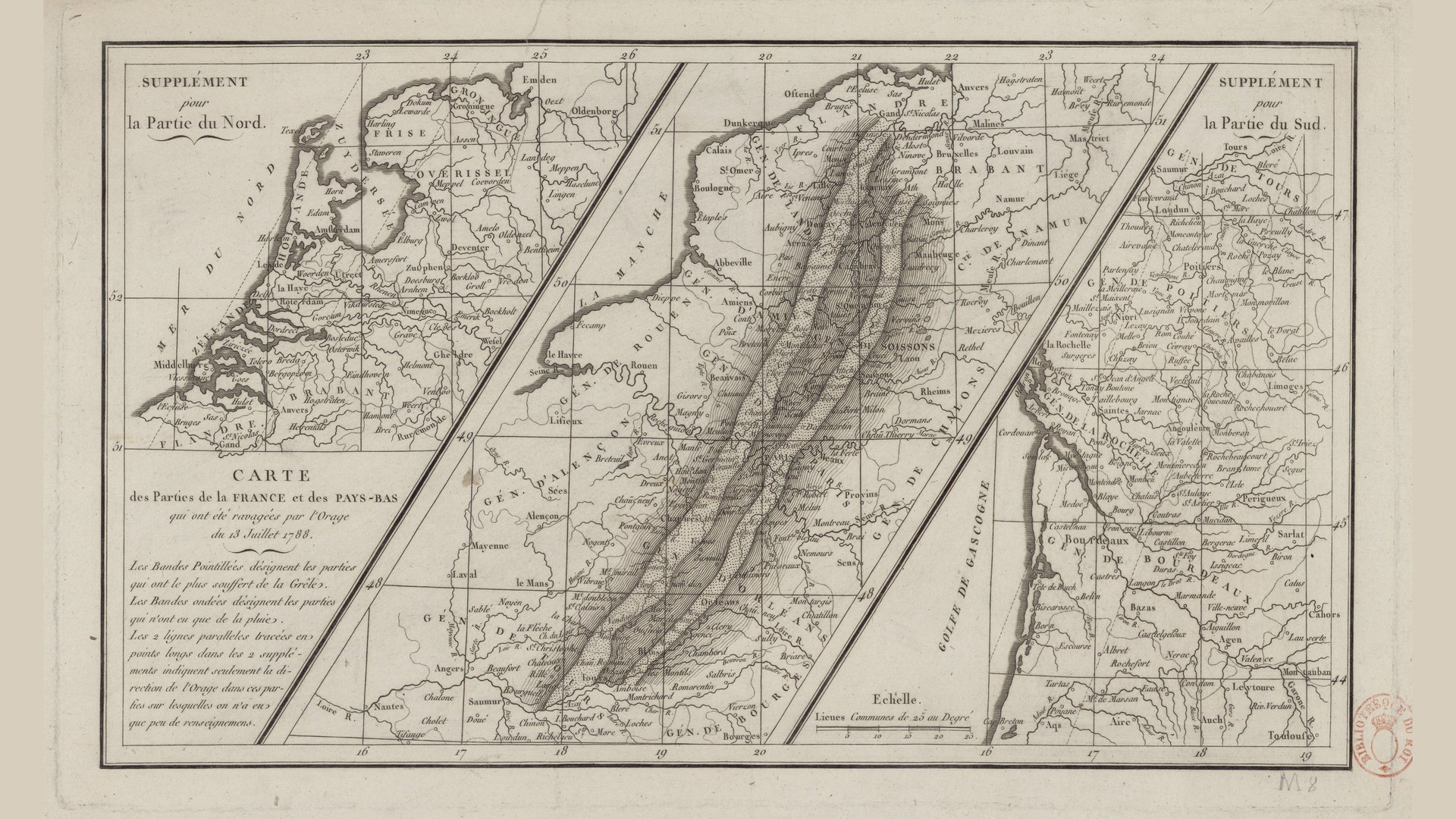 Carte gravée du nord de la France et des Pays-Bas traversée en diagonale par deux longs couloirs hachurés, avec un titre et une légende