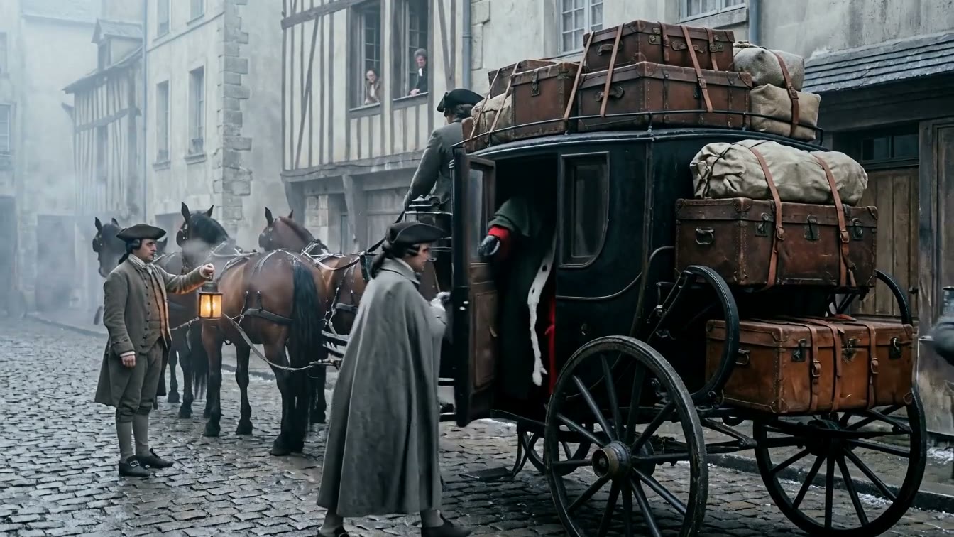 Rue pavée dans la brume : une voiture chargée de malles, des chevaux attelés et quelques hommes en manteau prêts au départ