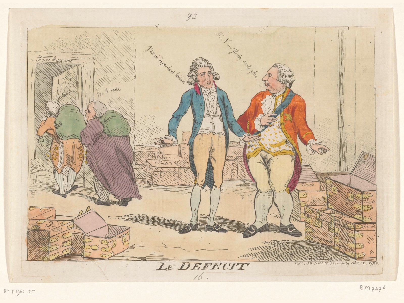 Caricature coloriée titrée « Le Defecit » : deux hommes au centre d'une salle encombrée de coffres ouverts, pendant que deux autres s'enfuient par une porte, des sacs sur le dos