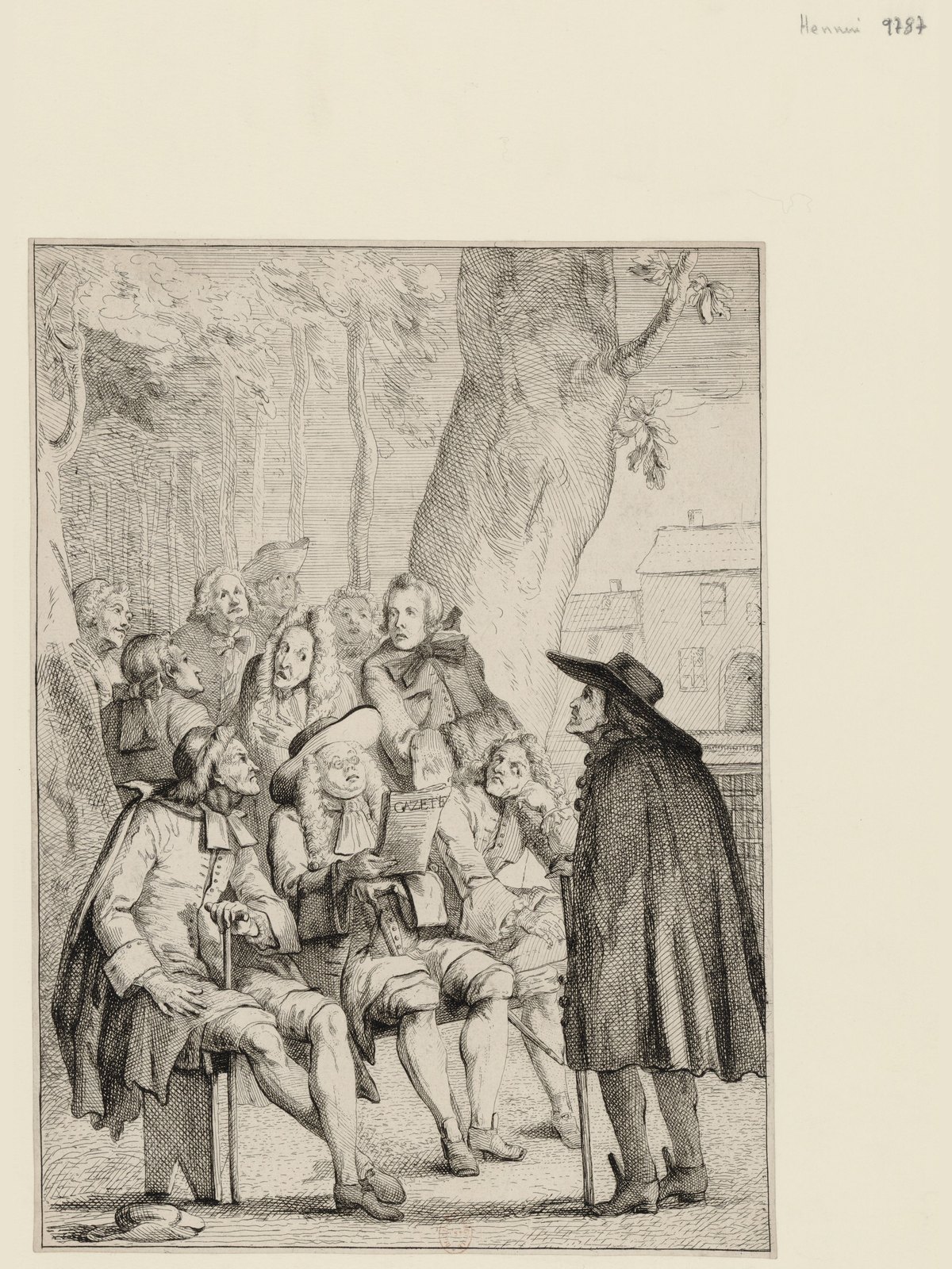 Estampe : sous un grand arbre, des hommes assis sur un banc et d'autres debout écoutent l'un d'eux lire une feuille imprimée