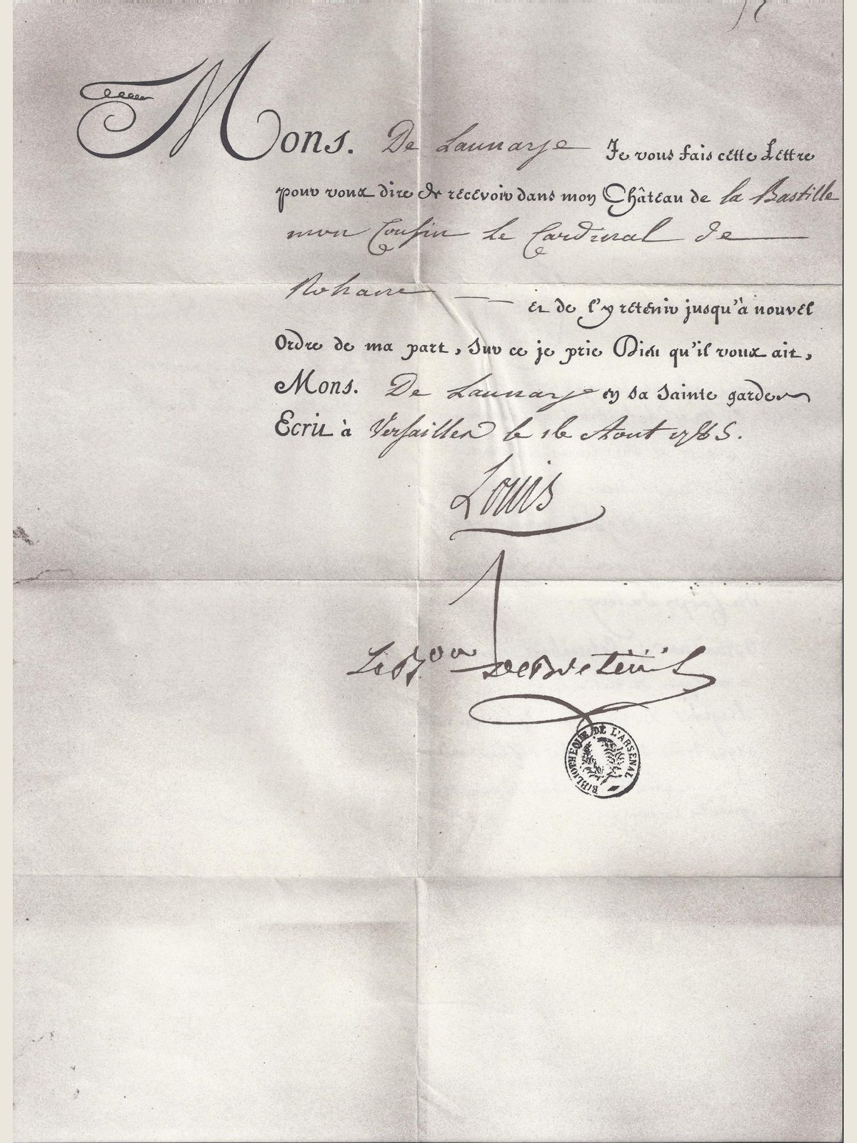 Lettre manuscrite pliée en quatre, à l'écriture calligraphiée, signée « Louis » puis contresignée, avec le cachet rond de la bibliothèque de l'Arsenal