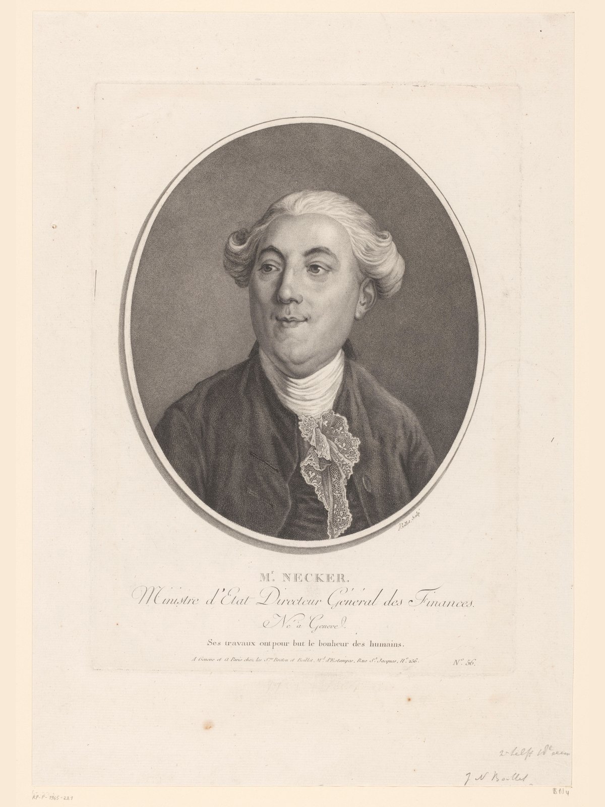 Portrait gravé en médaillon ovale d'un homme en perruque poudrée et jabot de dentelle, avec une inscription gravée sous le médaillon