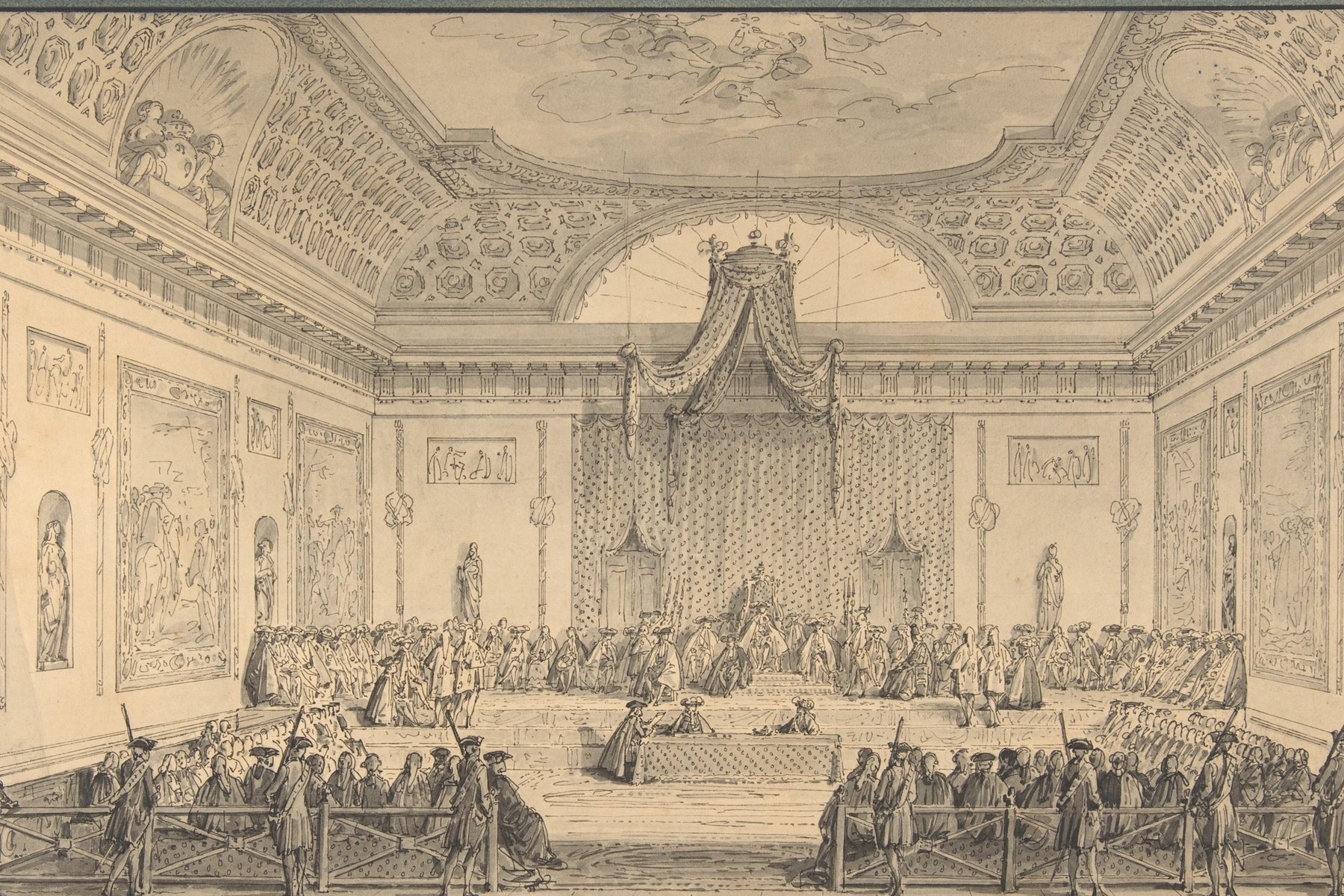 Dessin à la plume d'une vaste salle au plafond peint : des rangées de personnages siègent face à un dais, des gardes armés se tiennent derrière une barrière au premier plan