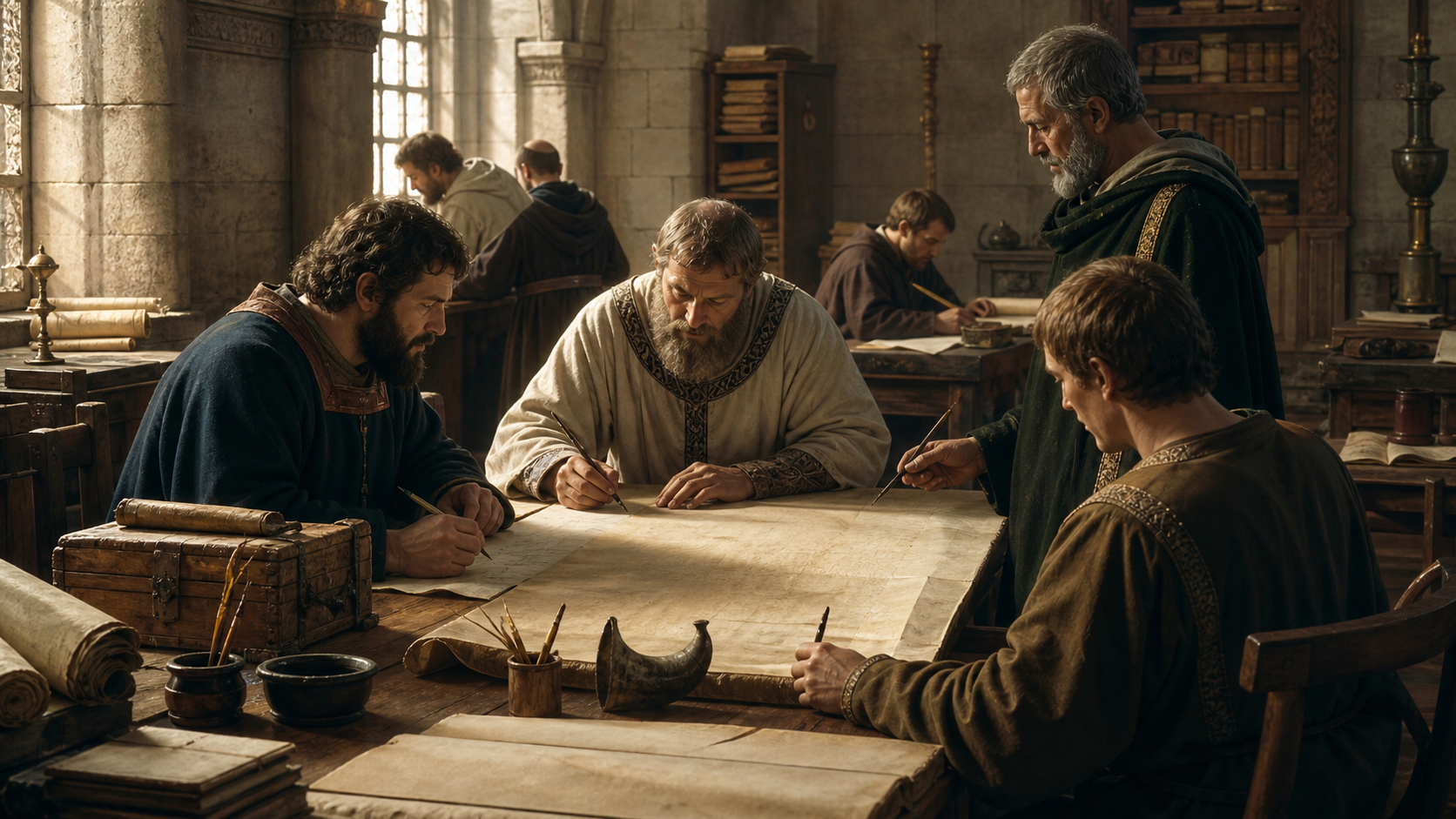 Évocation d'un scriptorium carolingien corrigeant un capitulaire