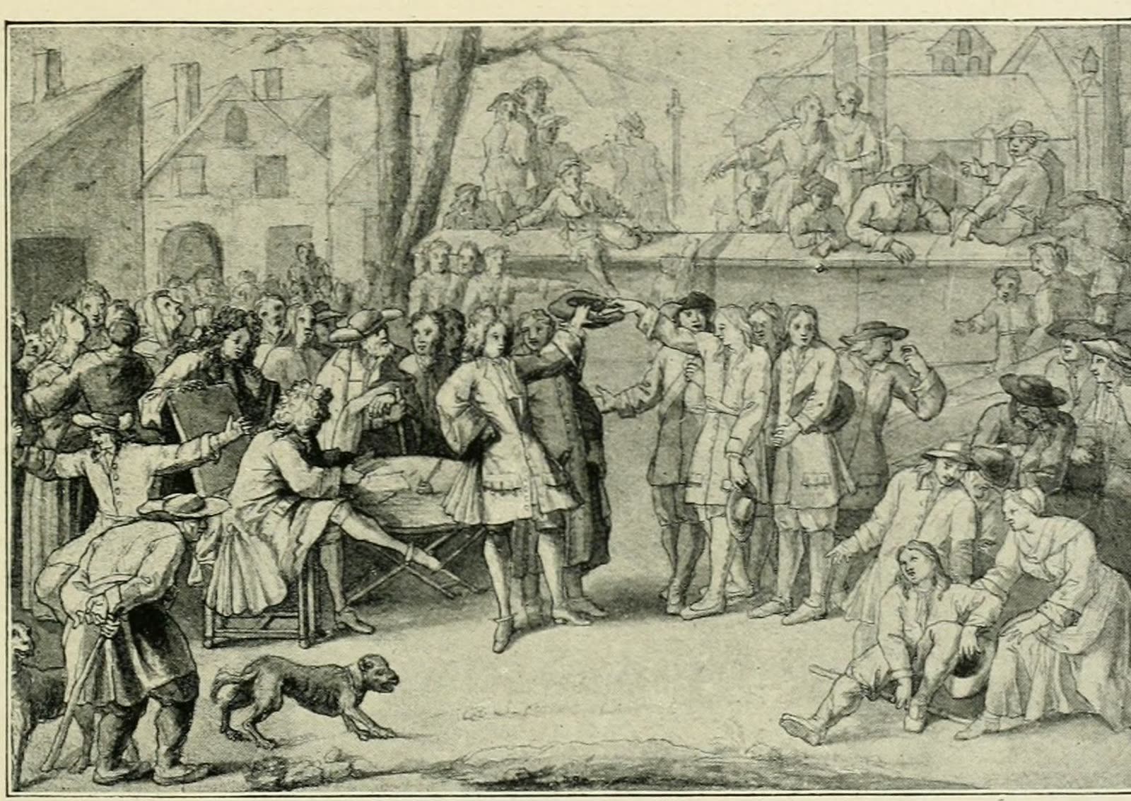 Gravure d'une séance de tirage au sort de la milice sur une place de village : un homme tend un chapeau à un groupe de jeunes gens, un officier assis à une table les observe, une foule et un chien occupent l'avant-plan