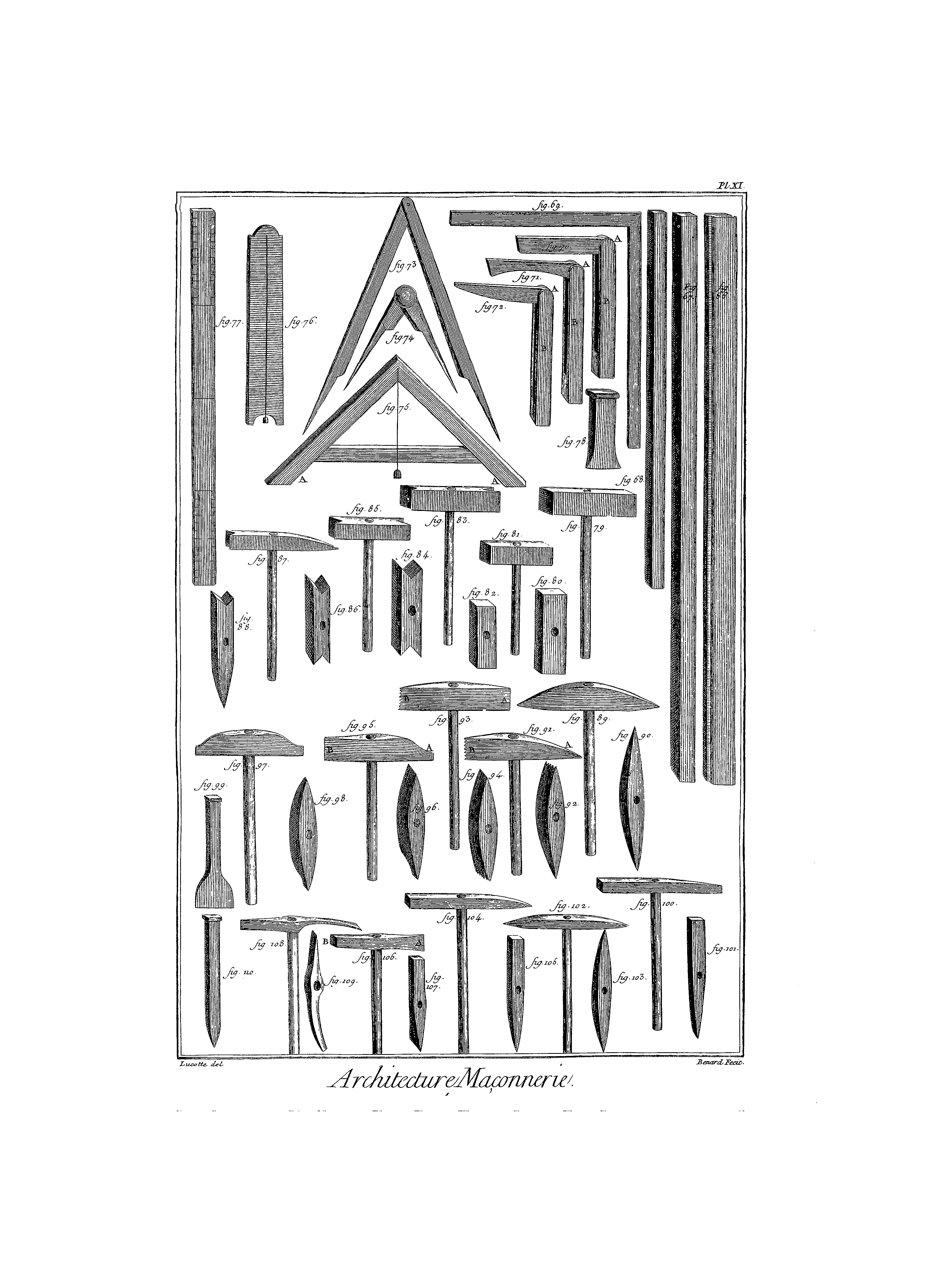 Planche de l’Encyclopédie présentant règles, équerres, compas, niveaux et outils de maçonnerie