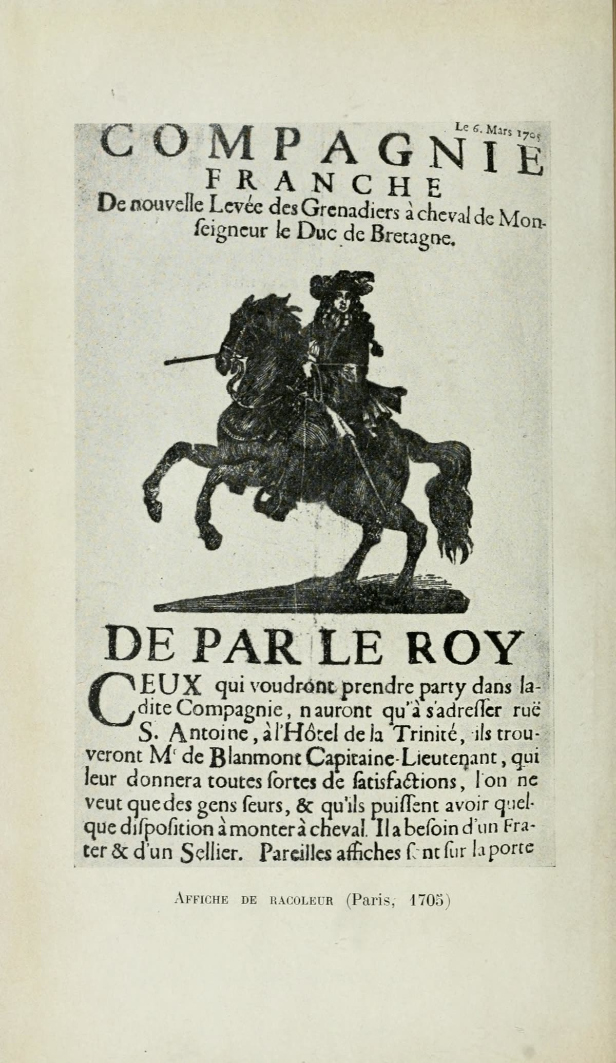 Fac-similé d'une affiche de recrutement parisienne de 1705 pour les grenadiers à cheval du duc de Bretagne, avec une gravure de cavalier et le texte « De par le Roy »