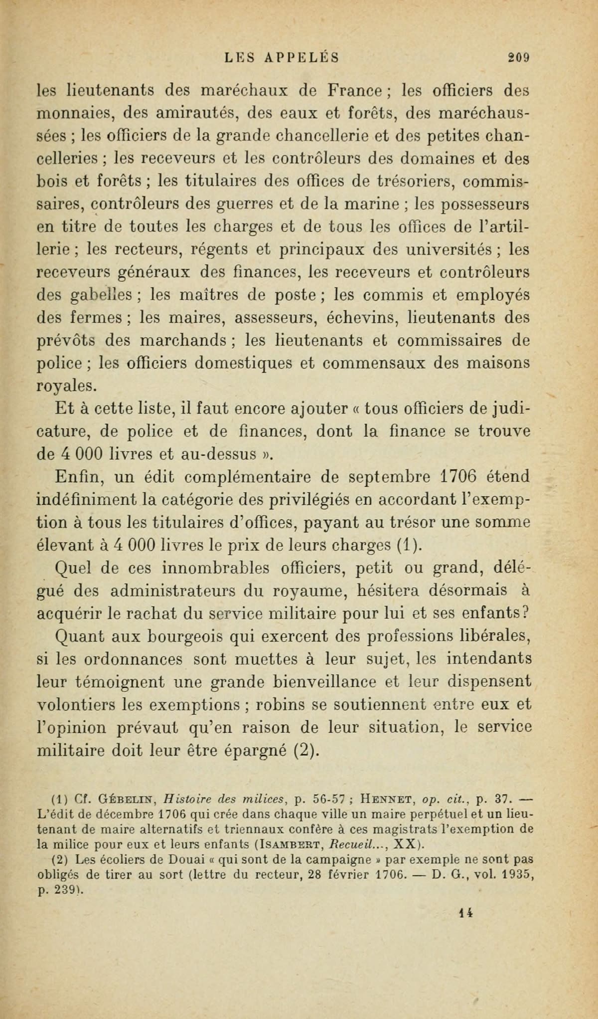 Page 209 de Girard énumérant les charges exemptées de milice et le seuil de 4 000 livres