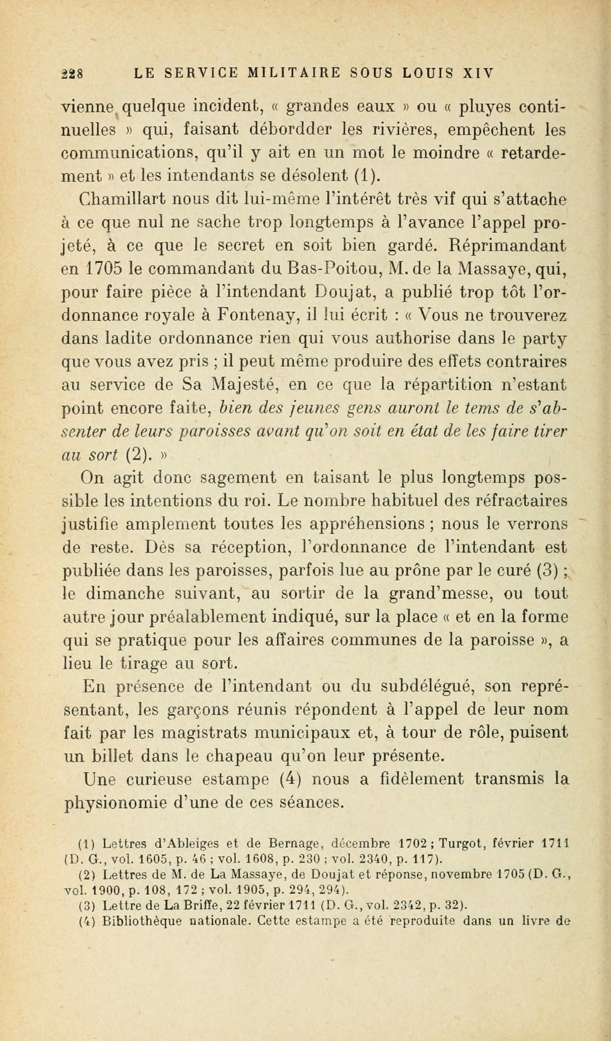Page 228 de Girard citant la réprimande de Chamillart après la publication anticipée de l'ordonnance à Fontenay et annonçant l'estampe du tirage au sort