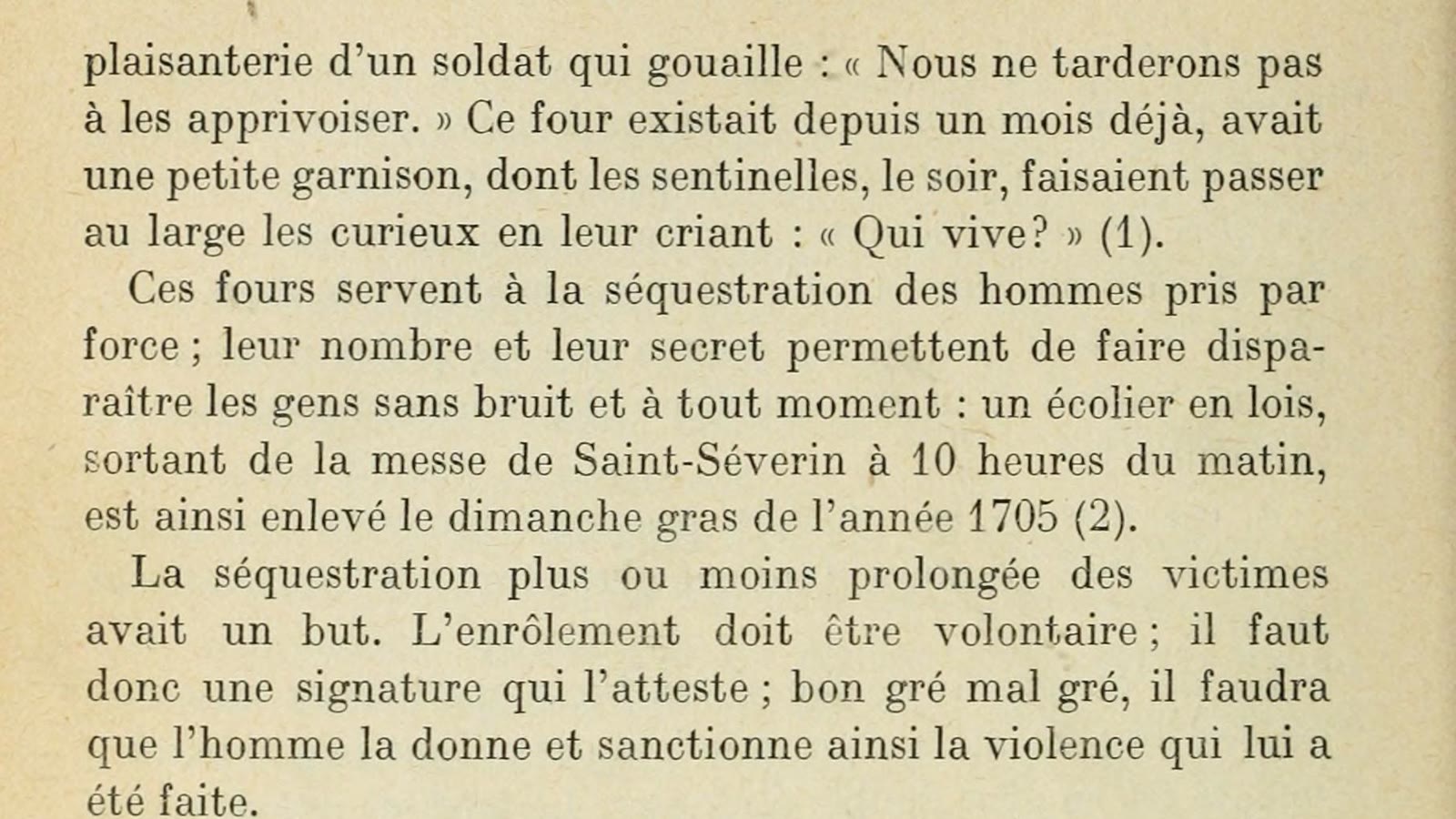 Détail de la page 108 de Girard : le four gardé par une petite garnison, le cri « Qui vive ? » et l'enlèvement de l'écolier de Saint-Séverin