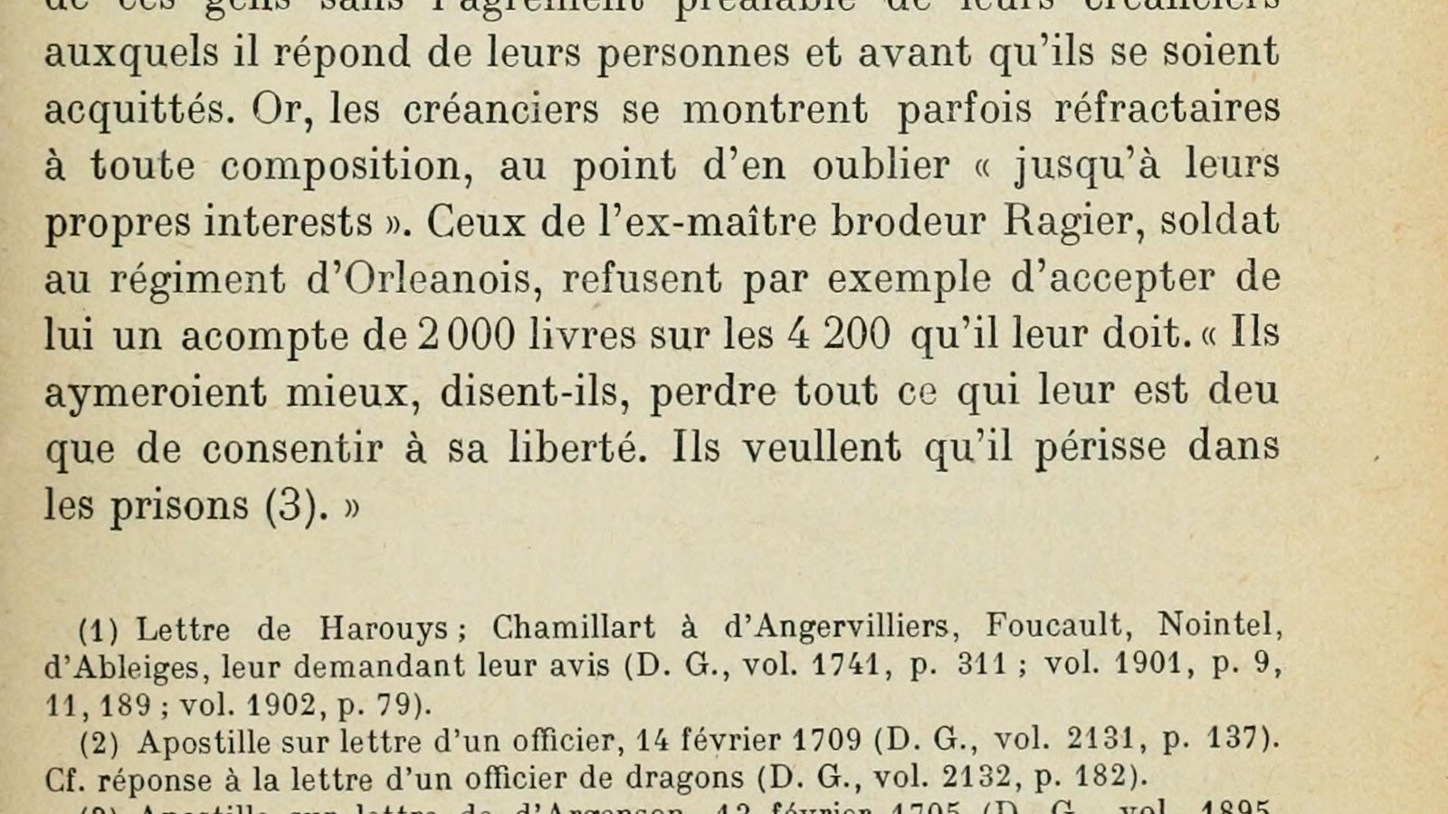 Détail de la page 141 de Girard : le passage sur le maître brodeur Ragier et le refus de ses créanciers