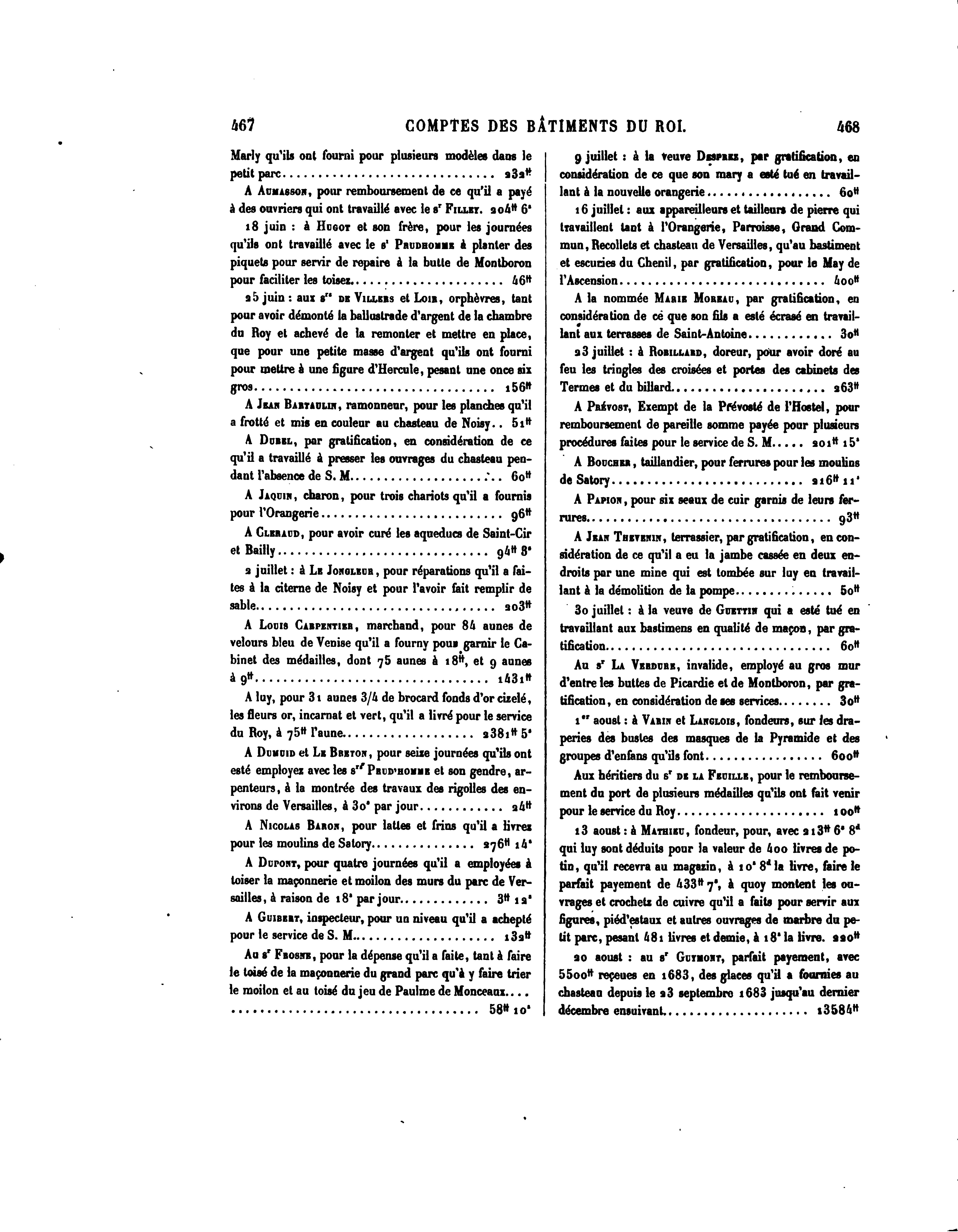 Fac-similé des colonnes 467 et 468 des Comptes des Bâtiments du roi pour juillet et août 1684