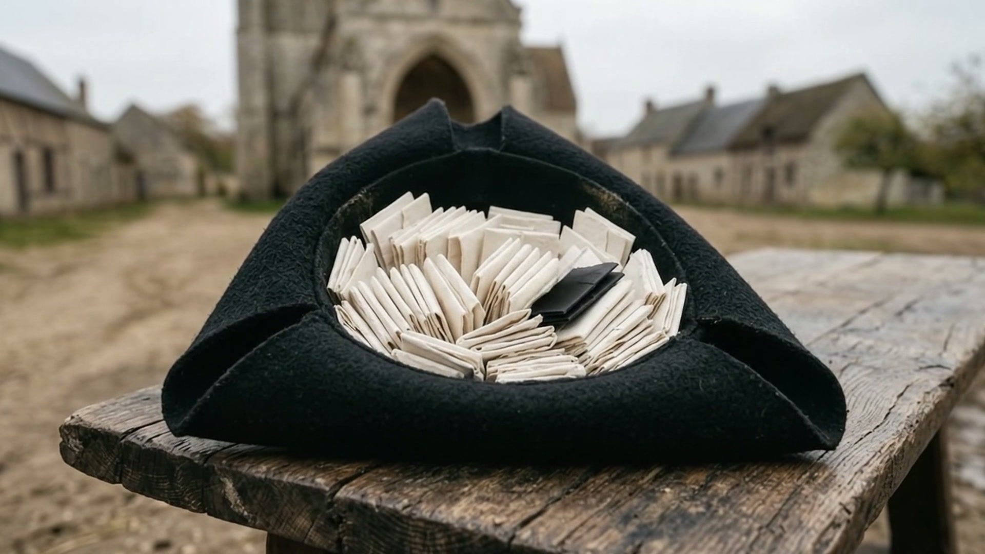Un chapeau de feutre noir posé sur un banc de bois, rempli de papiers pliés parmi lesquels un billet noir, devant une église de village