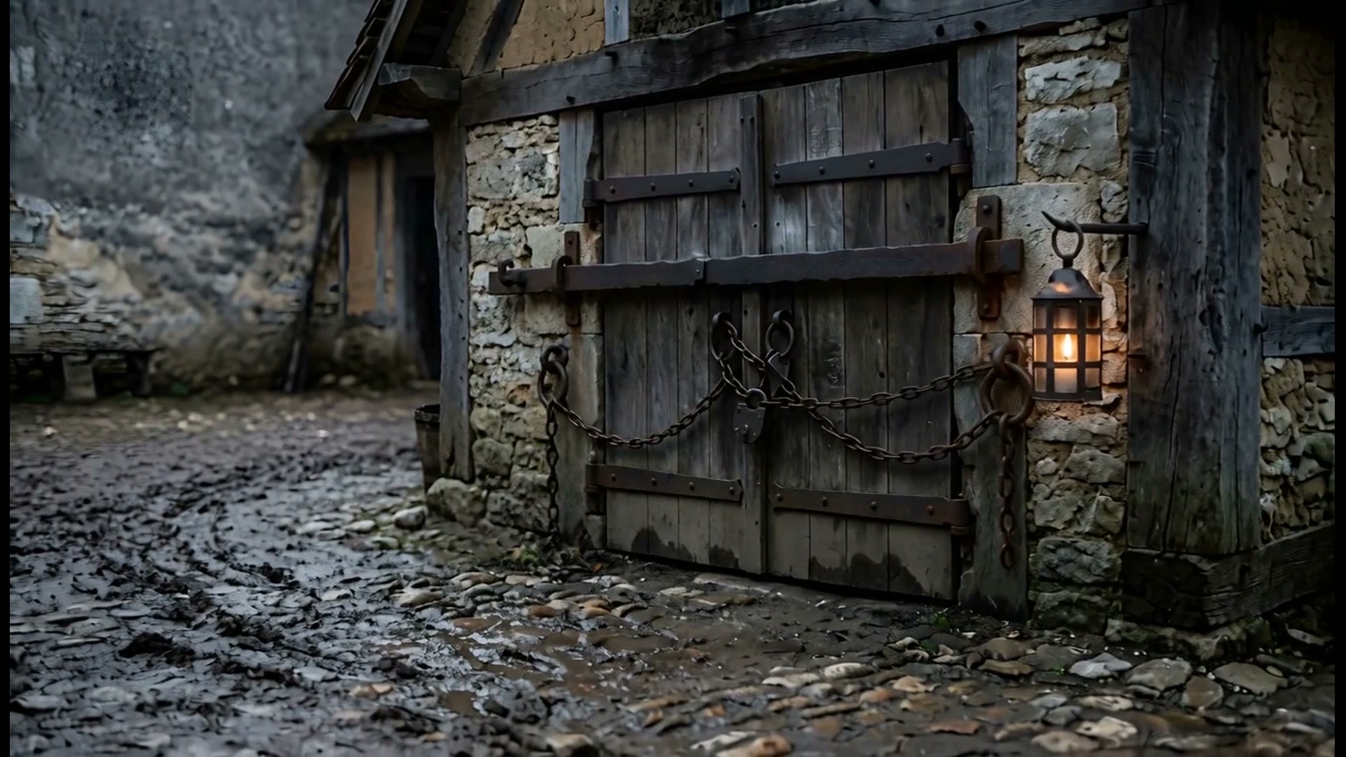 Porte de bois barrée d'une chaîne et d'un cadenas au fond d'une cour pavée boueuse, une lanterne allumée à côté