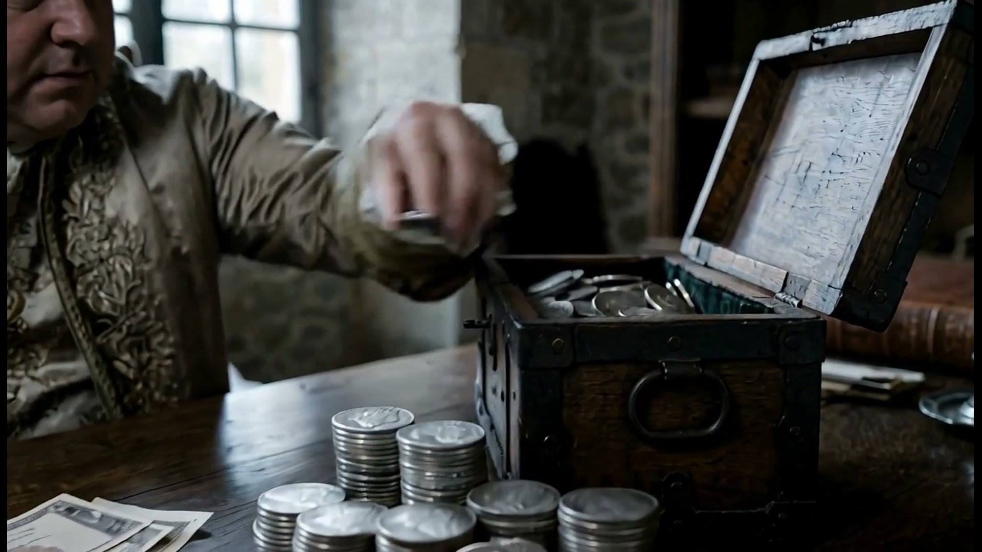 Un homme en habit brodé compte des piles de pièces d'argent devant un coffre ouvert et des billets de monnaie posés sur la table
