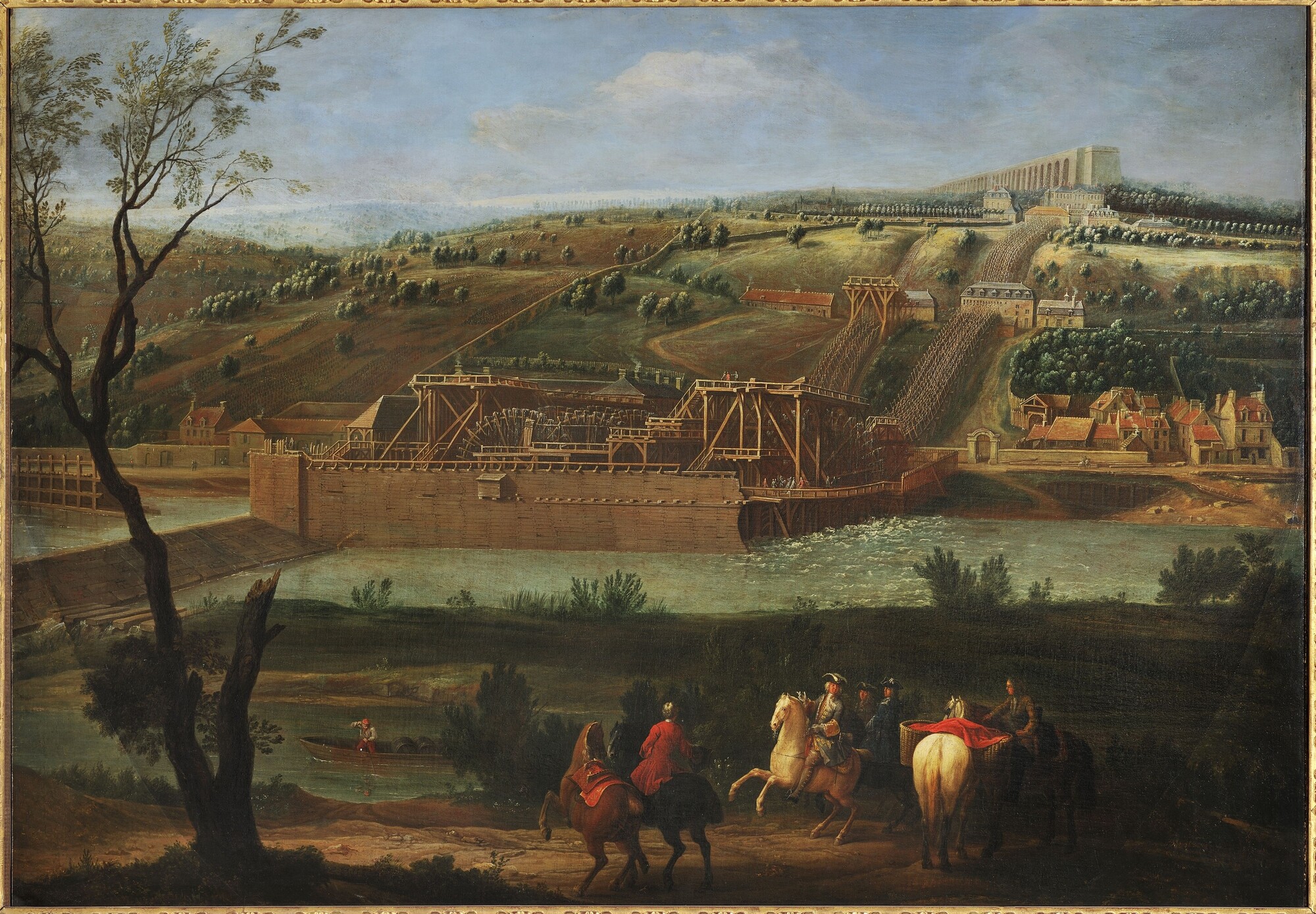 La machine de Marly sur la Seine, ses roues, ses chevalets sur le coteau et l’aqueduc de Louveciennes