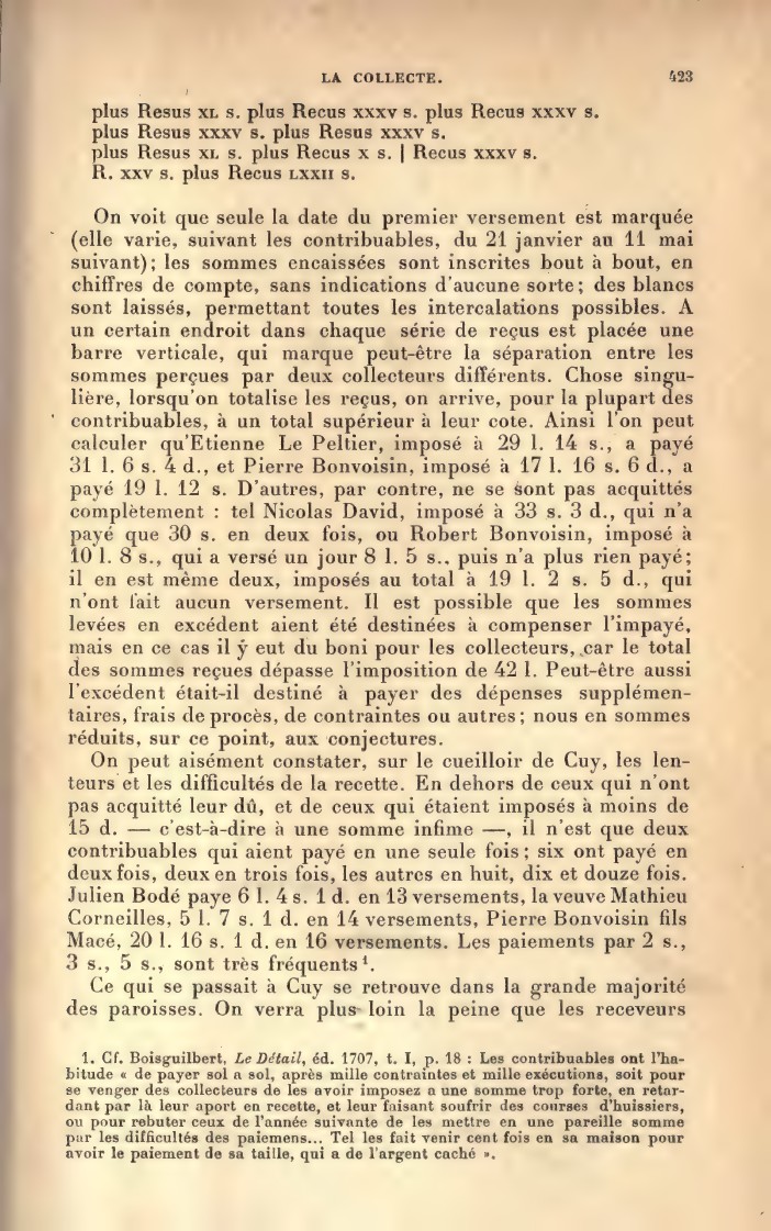 Page 423 d’Edmond Esmonin reproduisant typographiquement des lignes du cueilloir de Cuy de 1662