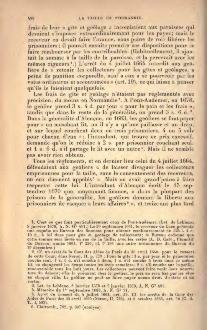Page 488 d’Edmond Esmonin sur le gîte et le geôlage payés pour les collecteurs emprisonnés