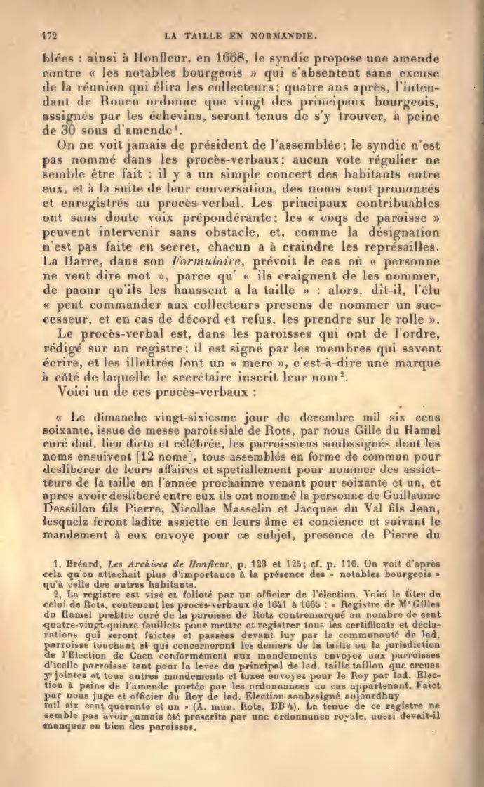 Page 172 de l’ouvrage d’Edmond Esmonin transcrivant le procès-verbal de Rots du 26 décembre 1660
