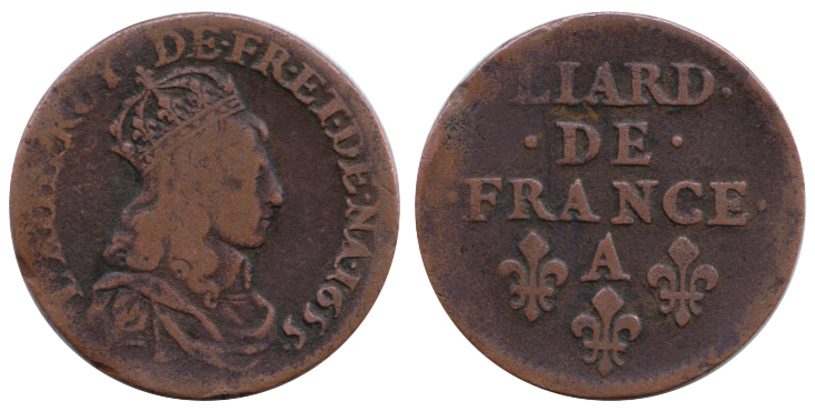 Avers et revers d’un liard de cuivre de Louis XIV frappé à Corbeil en 1655
