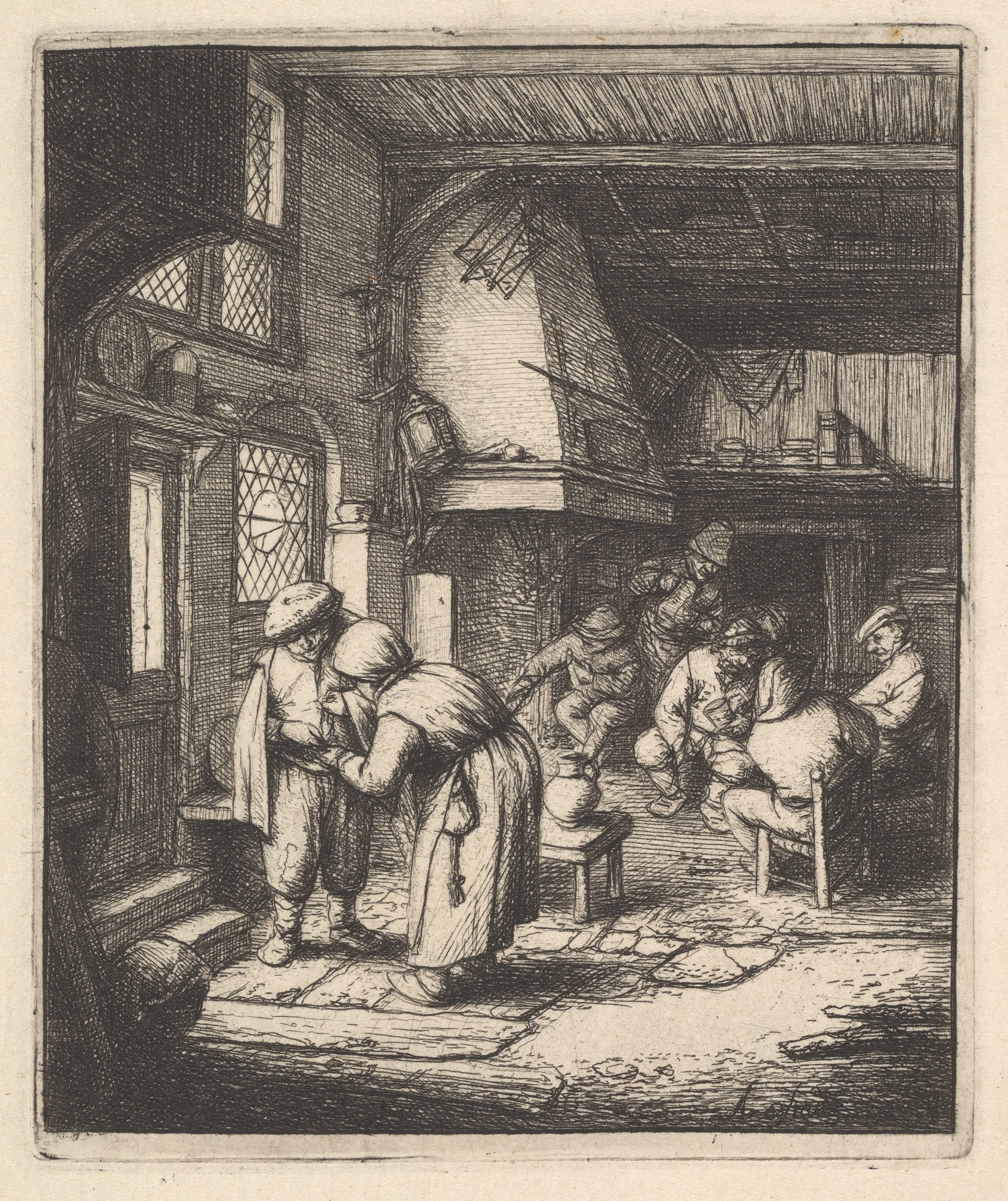 Paysan payant une petite somme dans un intérieur, eau-forte d’Adriaen van Ostade