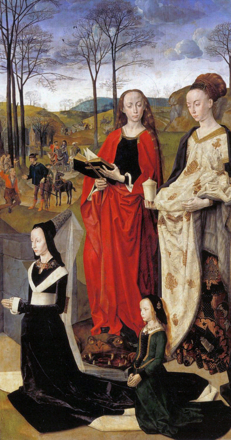 Volet droit du Triptyque Portinari : Maria Maddalena Baroncelli et sa fille sous la garde de sainte Marie-Madeleine et sainte Marguerite