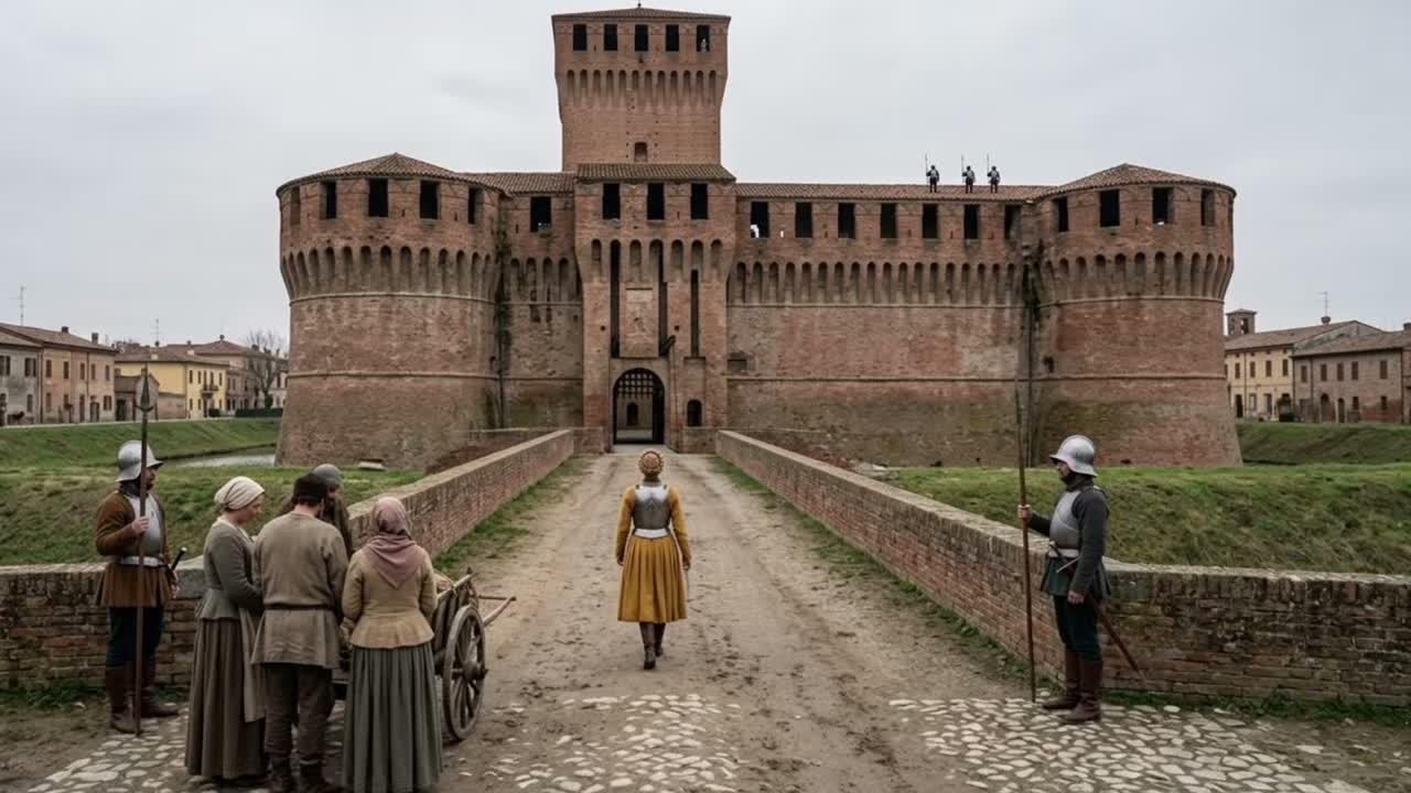 Évocation visuelle de la forteresse de Ravaldino et de ses murs de brique