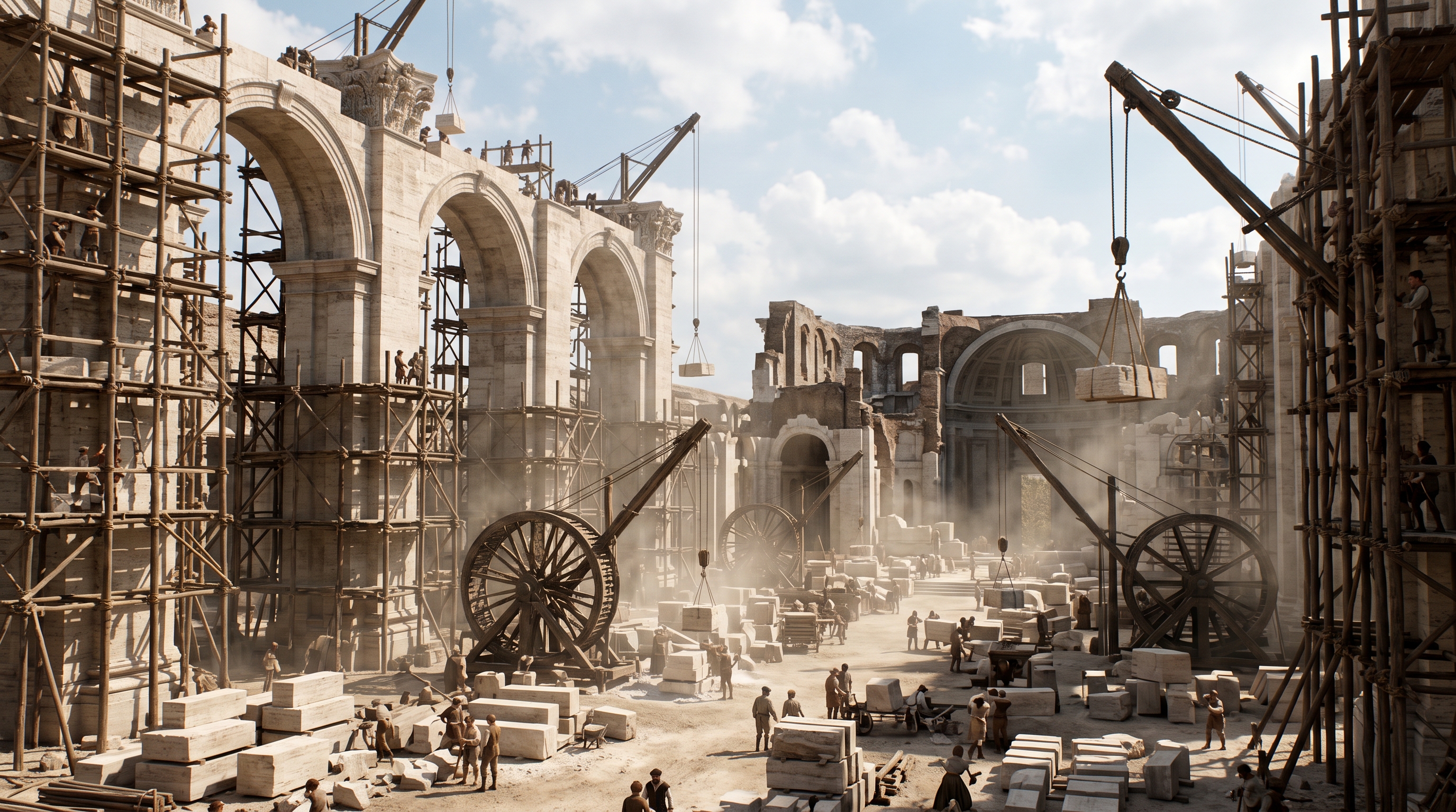 Évocation visuelle du chantier colossal de la basilique Saint-Pierre à Rome au XVIe siècle
