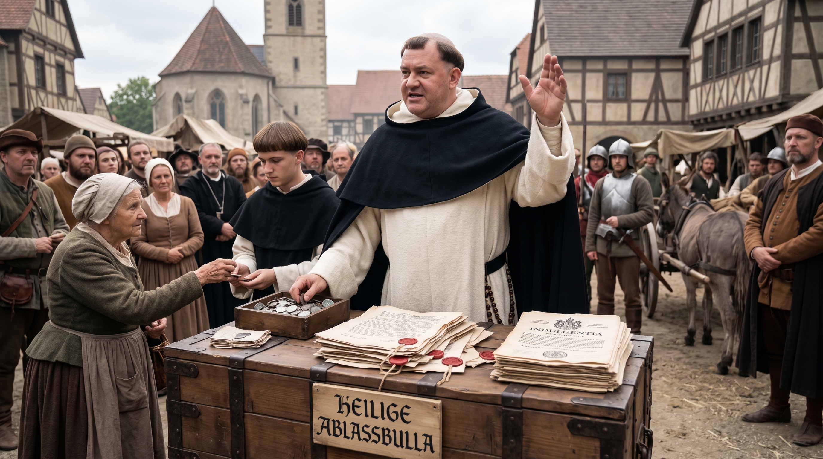Évocation visuelle du moine dominicain Johann Tetzel prêchant les indulgences