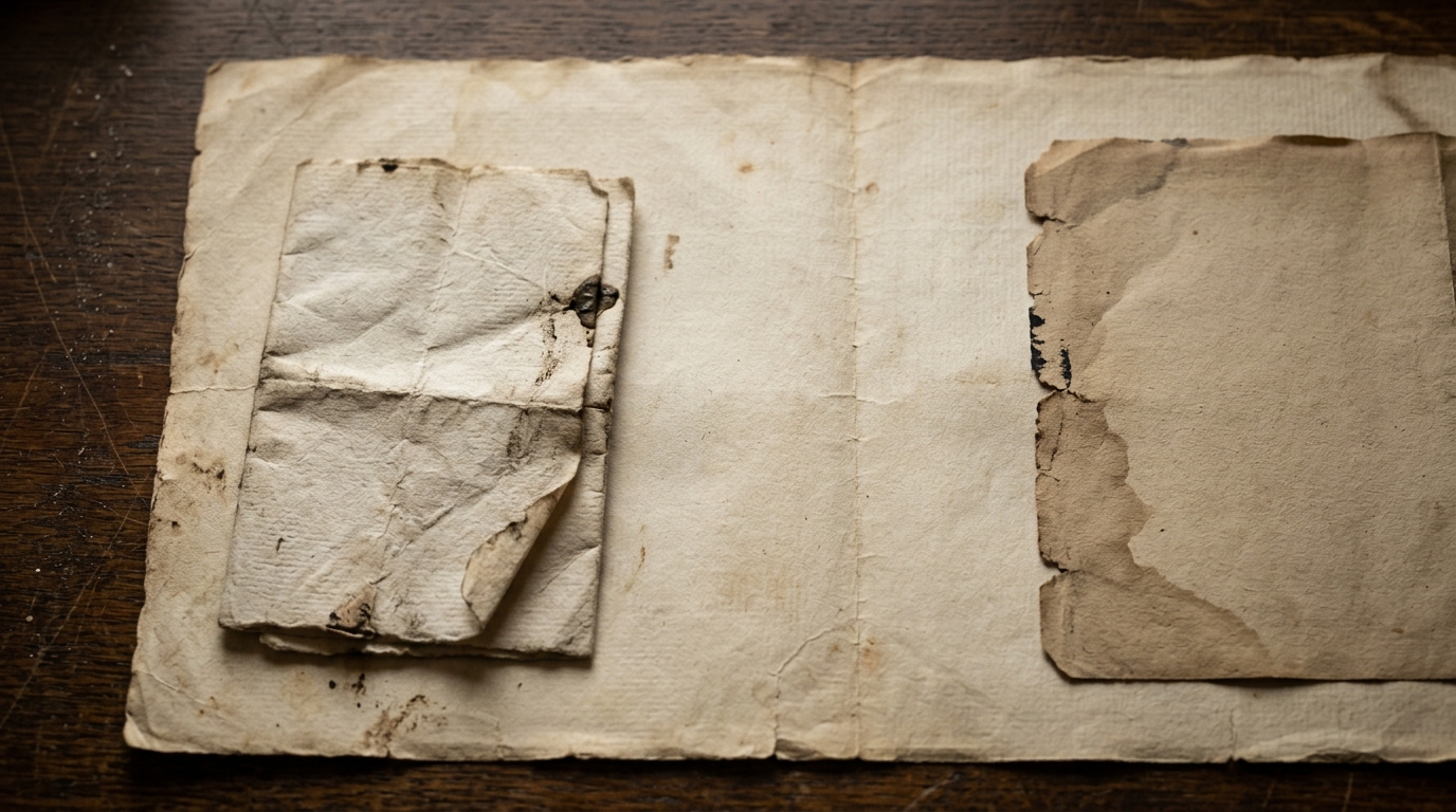 Deux feuillets anciens et froissés posés côte à côte sur une table de bois