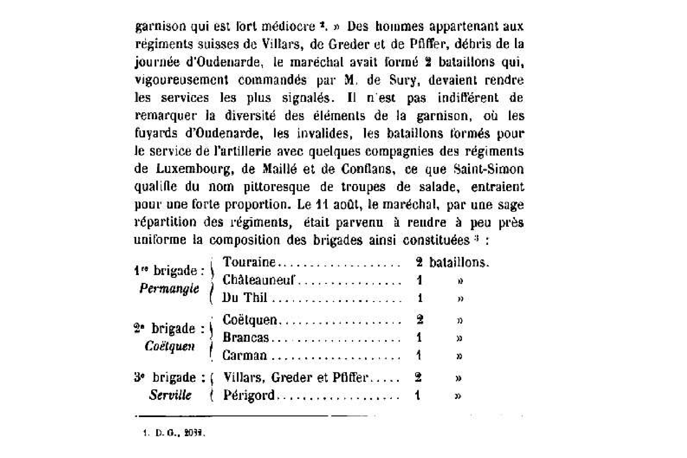 Fac-similé de la page 68 de Sautai, 1899 : la répartition des brigades de la garnison au 11 août 1708
