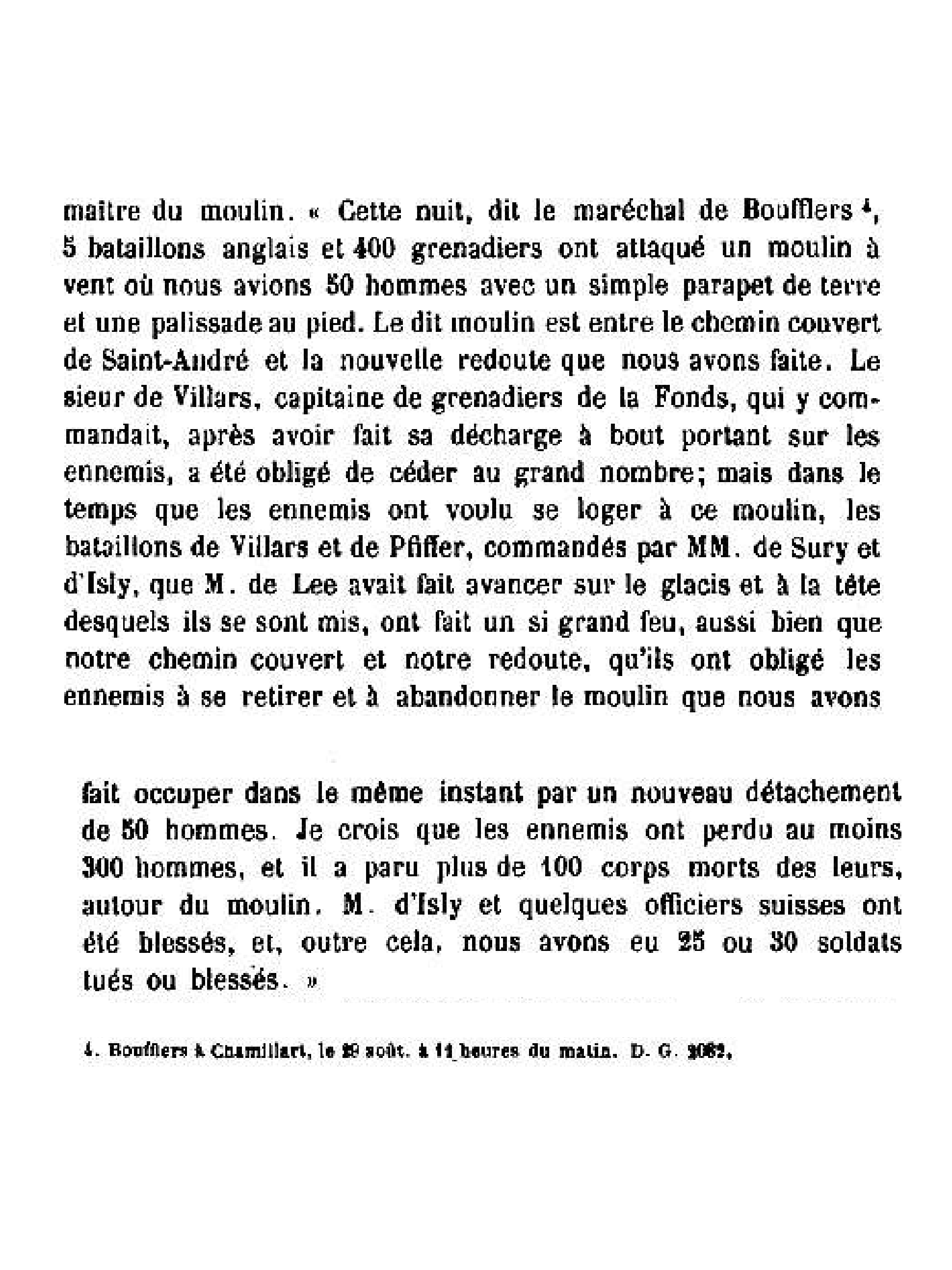 Fac-similé des pages 89 et 90 de Sautai, 1899 : la lettre de Boufflers sur l'attaque du moulin et sa note de datation