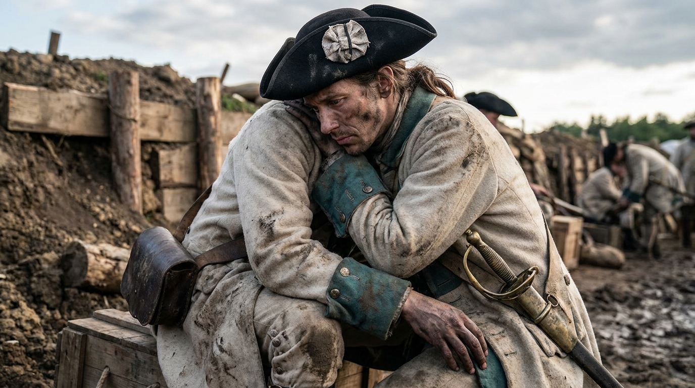 Portrait conjectural d'un soldat épuisé, assis dans une tranchée boueuse
