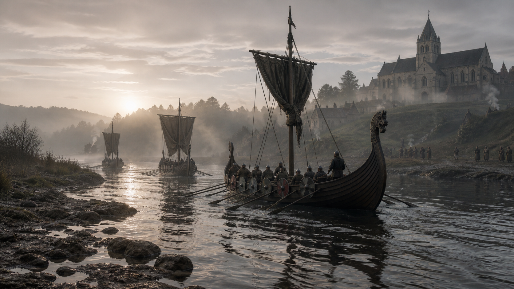Évocation de navires vikings remontant la Seine